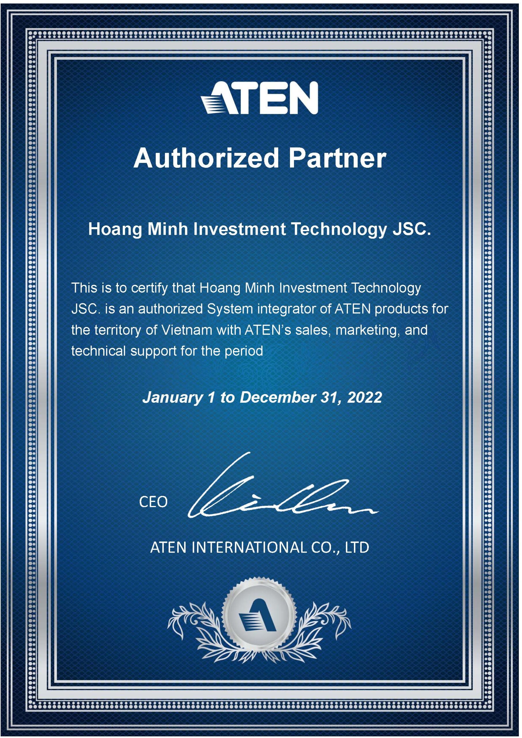 Aten Partner Certificate Hoang Minh 2022
