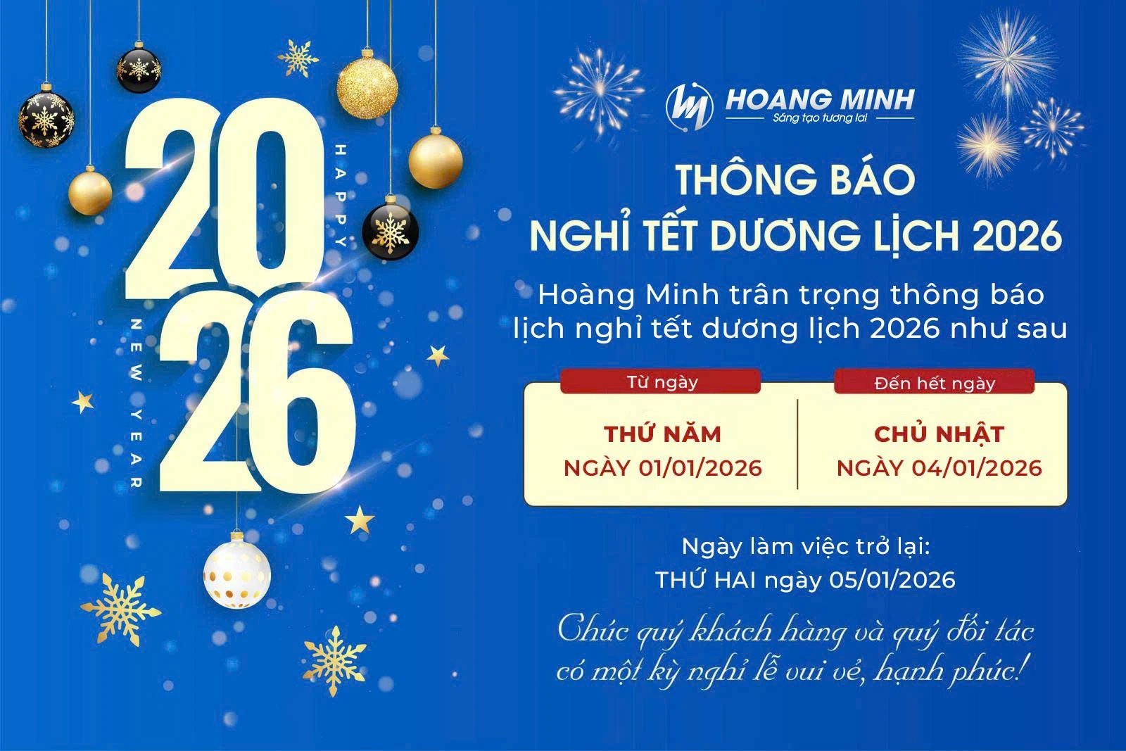 Hoàng Minh thông báo lịch nghỉ Tết Dương dịch 2026