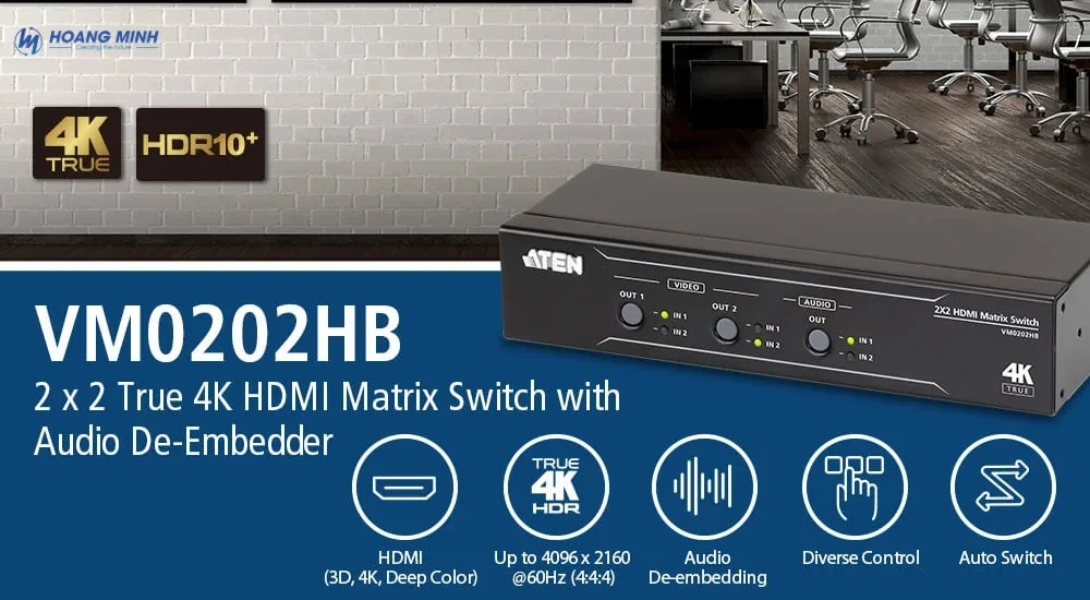 Bộ chuyển mạch HDMI 2×2 True 4K ATEN VM0202HB